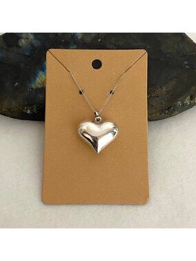 Sterling Silver 925 1" Hollow Puffy Heart Pendant Necklace 18" Cable Chain